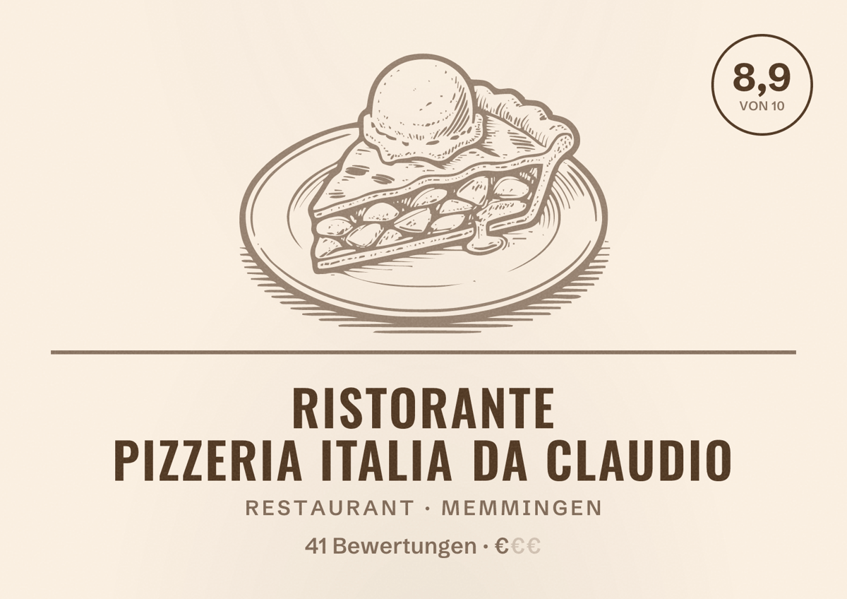 Illustriertes Poster von Ristorante Pizzeria Italia da Claudio, Restaurant in Memmingen: Bewertung 8,9 von 10 aus 41 Bewertungen, Preisniveau €