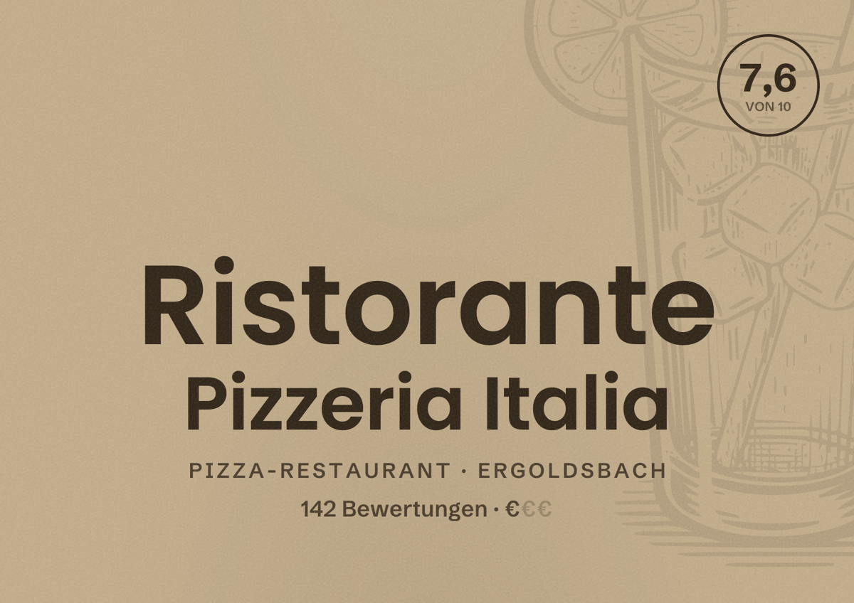 Illustriertes Poster von Ristorante Pizzeria Italia, Pizza-Restaurant in Ergoldsbach: Bewertung 7,6 von 10 aus 142 Bewertungen, Preisniveau €