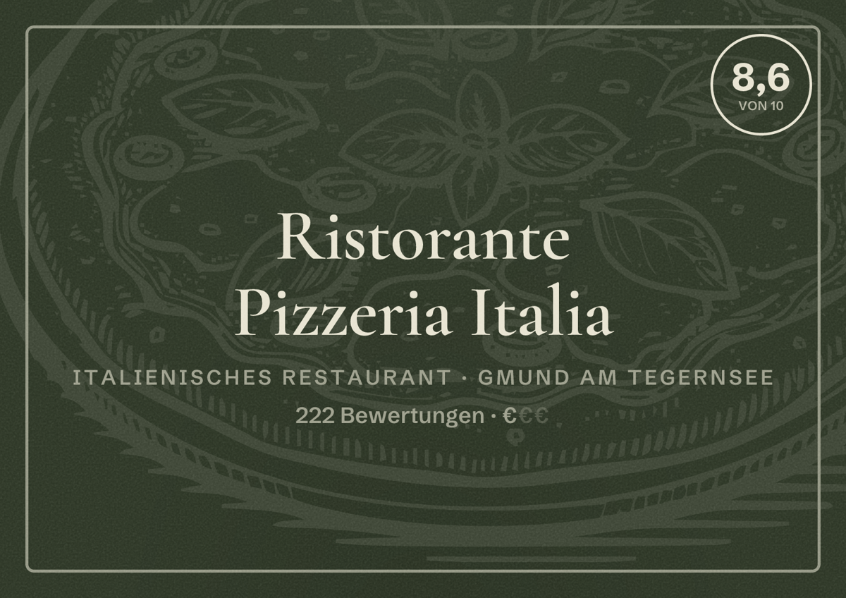 Illustriertes Poster von Ristorante Pizzeria Italia, Italienisches Restaurant in Gmund am Tegernsee: Bewertung 8,6 von 10 aus 222 Bewertungen, Preisniveau €