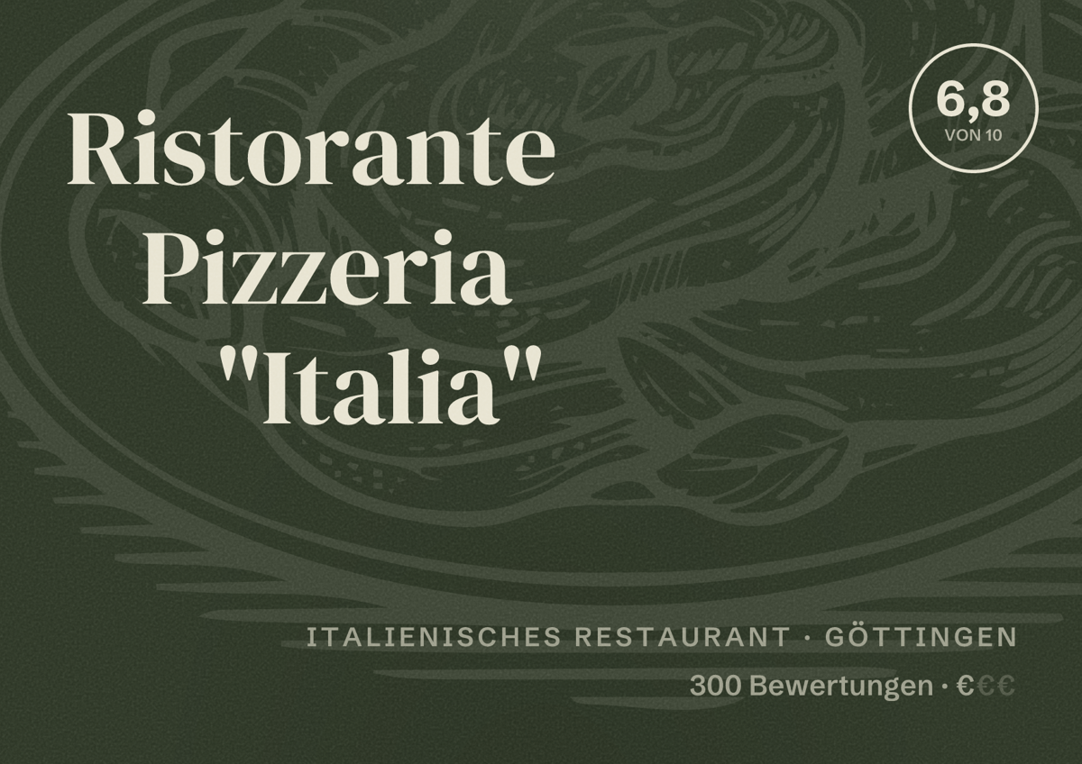 Illustriertes Poster von Ristorante Pizzeria "Italia", Italienisches Restaurant in Göttingen: Bewertung 6,8 von 10 aus 300 Bewertungen, Preisniveau €