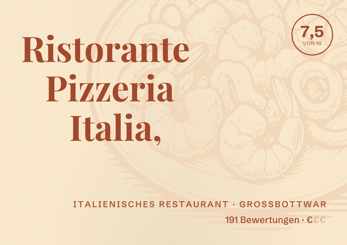 Illustriertes Poster von Ristorante Pizzeria Italia,, Italienisches Restaurant in Großbottwar: Bewertung 7,5 von 10 aus 191 Bewertungen, Preisniveau €