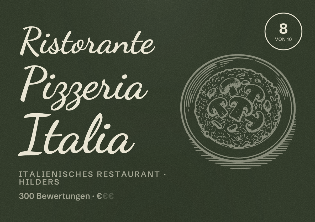 Illustriertes Poster von Ristorante Pizzeria Italia, Italienisches Restaurant in Hilders: Bewertung 8 von 10 aus 300 Bewertungen, Preisniveau €