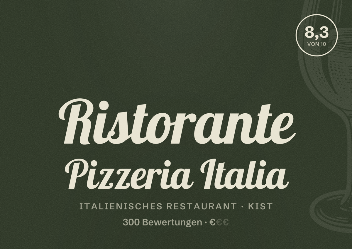 Illustriertes Poster von Ristorante Pizzeria Italia, Italienisches Restaurant in Kist: Bewertung 8,3 von 10 aus 300 Bewertungen, Preisniveau €