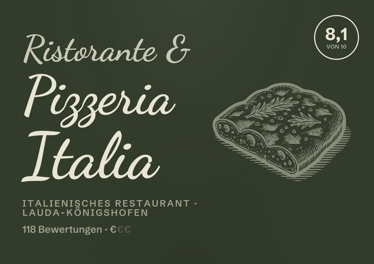 Illustriertes Poster von Ristorante & Pizzeria Italia, Italienisches Restaurant in Lauda-Königshofen: Bewertung 8,1 von 10 aus 118 Bewertungen, Preisniveau €