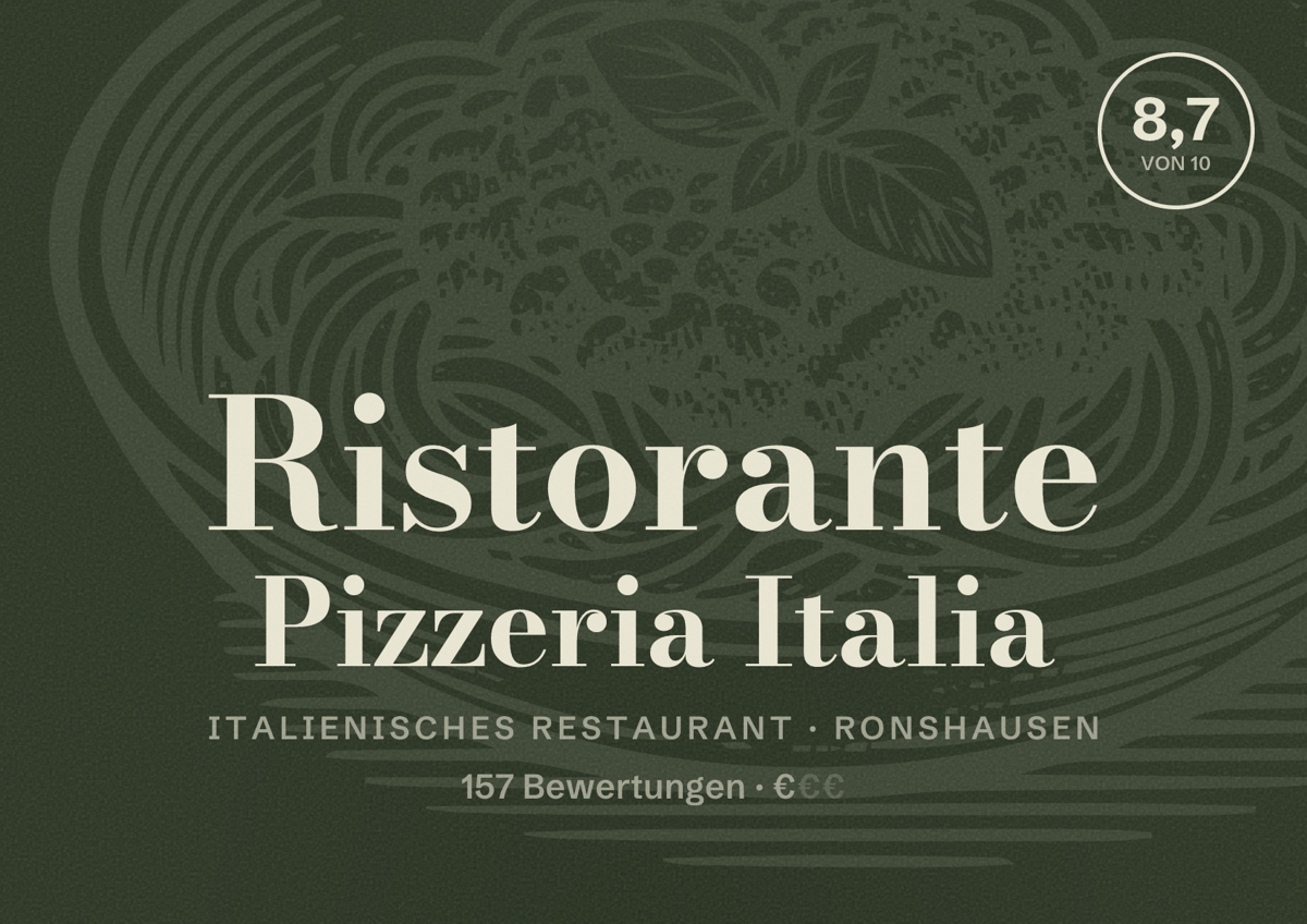 Illustriertes Poster von Ristorante Pizzeria Italia, Italienisches Restaurant in Ronshausen: Bewertung 8,7 von 10 aus 157 Bewertungen, Preisniveau €