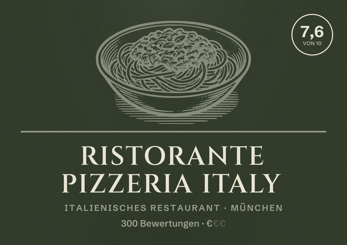 Illustriertes Poster von Ristorante Pizzeria Italy, Italienisches Restaurant in München: Bewertung 7,6 von 10 aus 300 Bewertungen, Preisniveau €