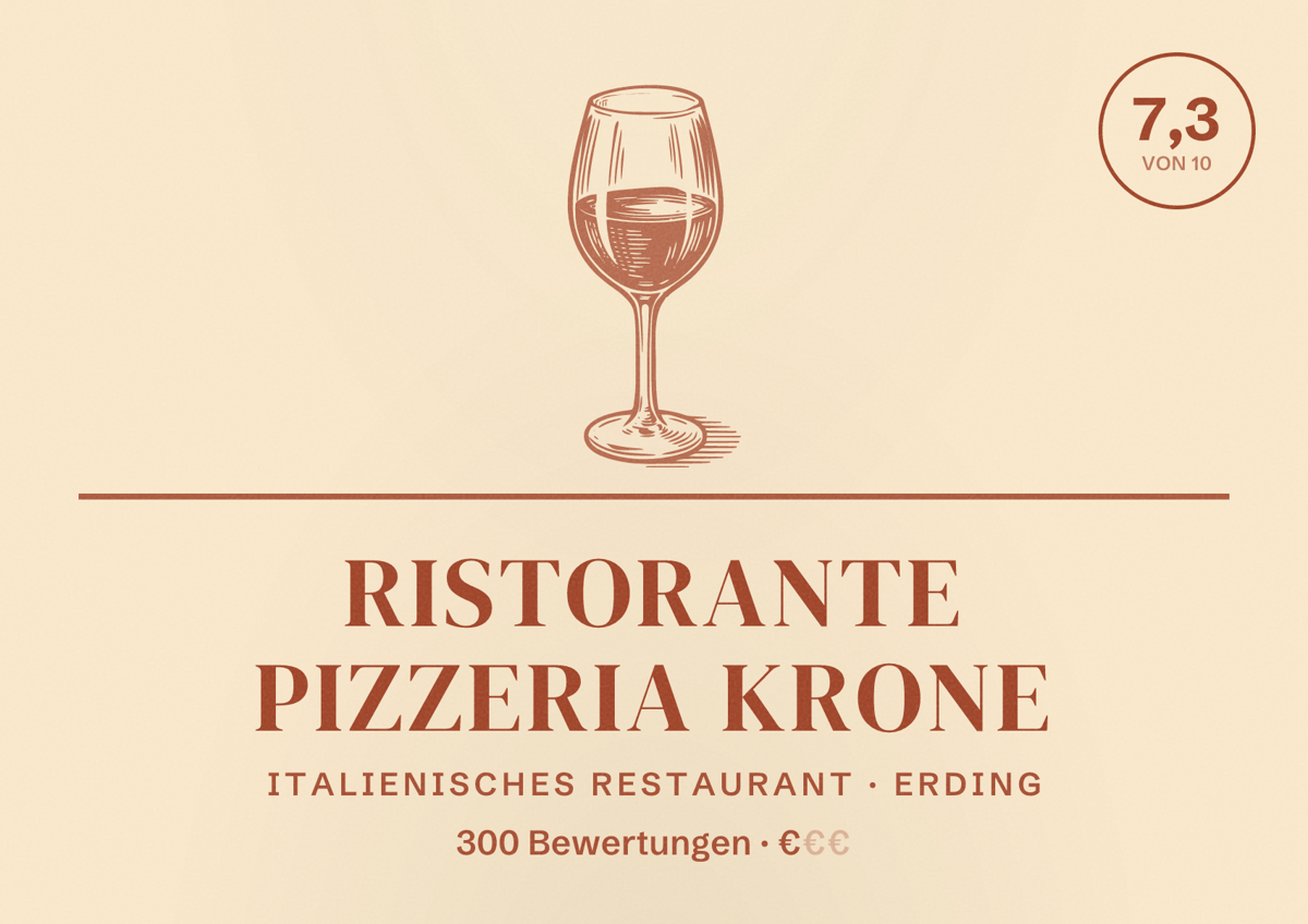 Illustriertes Poster von Ristorante Pizzeria Krone, Italienisches Restaurant in Erding: Bewertung 7,3 von 10 aus 300 Bewertungen, Preisniveau €