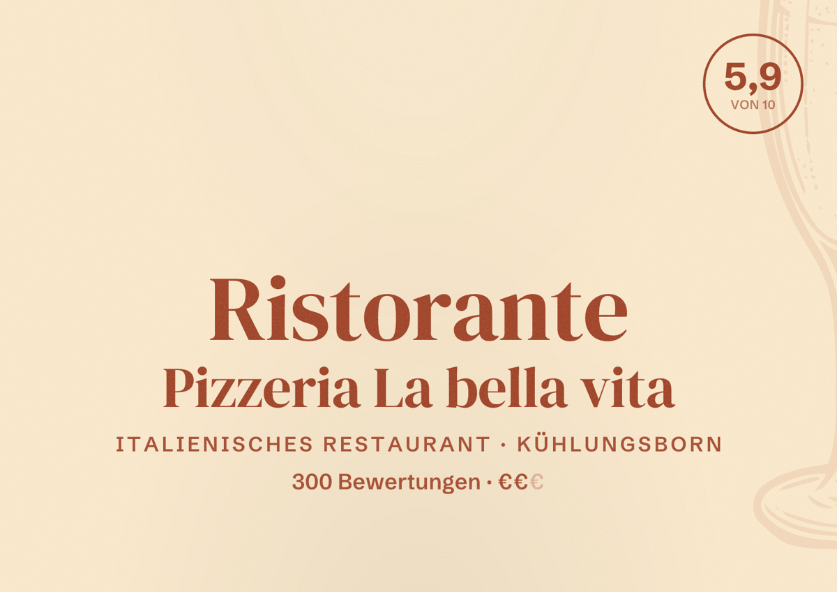 Illustriertes Poster von Ristorante Pizzeria La bella vita, Italienisches Restaurant in Kühlungsborn: Bewertung 5,9 von 10 aus 300 Bewertungen, Preisniveau €€