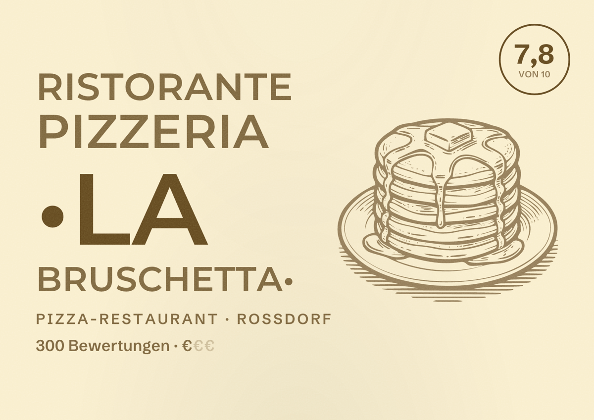 Illustriertes Poster von Ristorante Pizzeria •La Bruschetta•, Pizza-Restaurant in Roßdorf: Bewertung 7,8 von 10 aus 300 Bewertungen, Preisniveau €