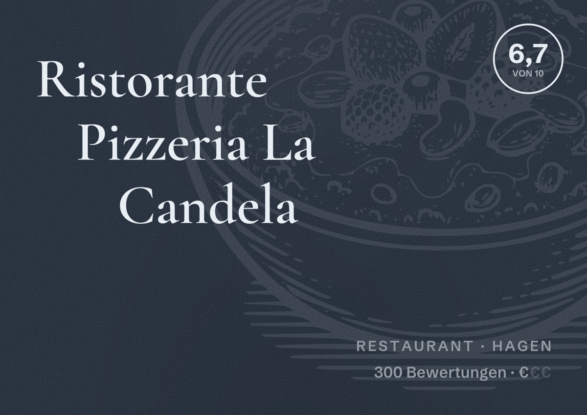 Illustriertes Poster von Ristorante Pizzeria La Candela, Restaurant in Hagen: Bewertung 6,7 von 10 aus 300 Bewertungen, Preisniveau €