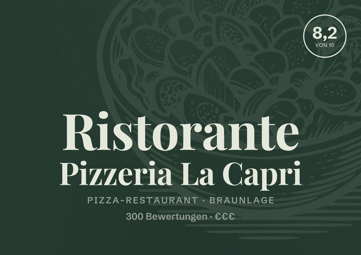 Illustriertes Poster von Ristorante Pizzeria La Capri, Pizza-Restaurant in Braunlage: Bewertung 8,2 von 10 aus 300 Bewertungen, Preisniveau €€€