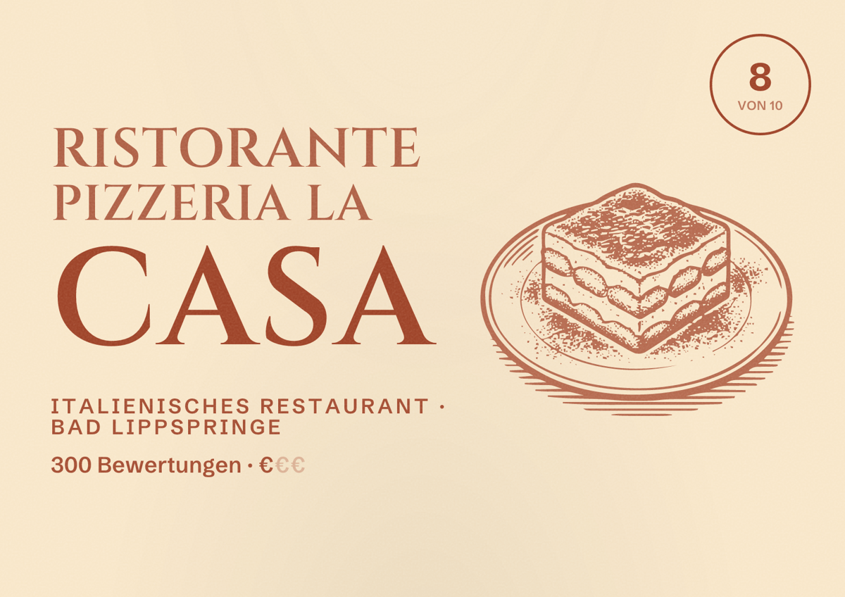 Illustriertes Poster von Ristorante Pizzeria La Casa, Italienisches Restaurant in Bad Lippspringe: Bewertung 8 von 10 aus 300 Bewertungen, Preisniveau €