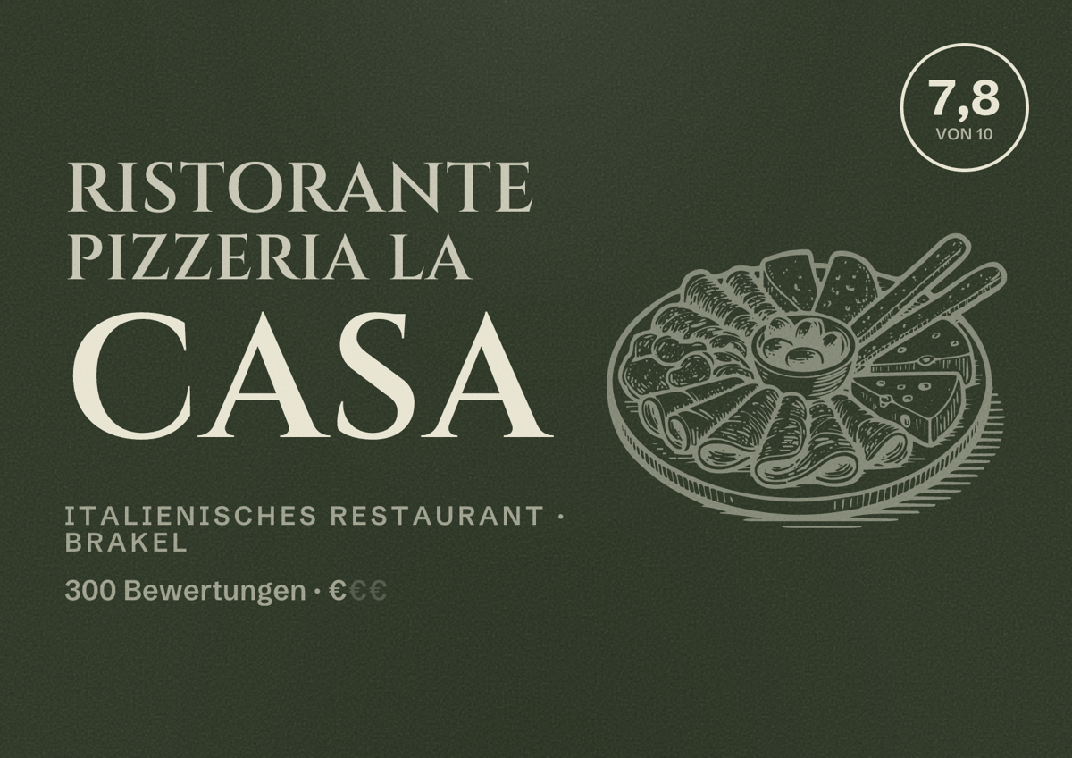 Illustriertes Poster von Ristorante Pizzeria La Casa, Italienisches Restaurant in Brakel: Bewertung 7,8 von 10 aus 300 Bewertungen, Preisniveau €