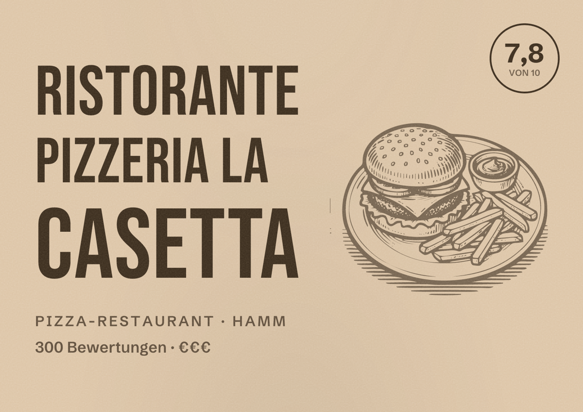 Illustriertes Poster von Ristorante Pizzeria La Casetta, Pizza-Restaurant in Hamm: Bewertung 7,8 von 10 aus 300 Bewertungen, Preisniveau €€€