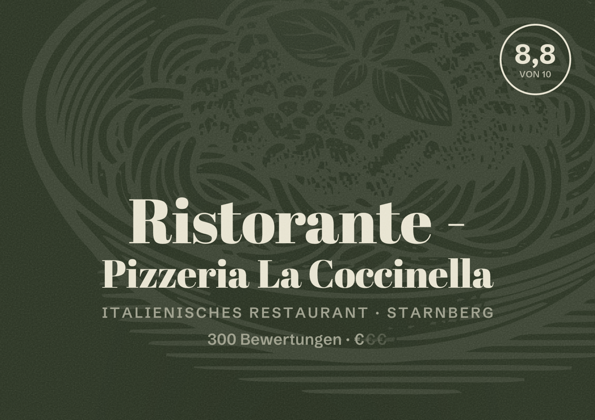 Illustriertes Poster von Ristorante - Pizzeria La Coccinella, Italienisches Restaurant in Starnberg: Bewertung 8,8 von 10 aus 300 Bewertungen, Preisniveau €