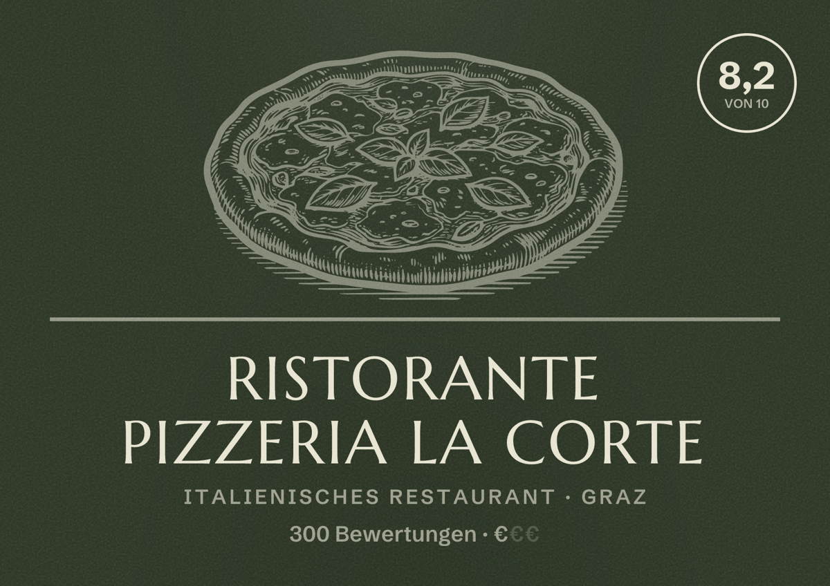 Illustriertes Poster von Ristorante Pizzeria La Corte, Italienisches Restaurant in Graz: Bewertung 8,2 von 10 aus 300 Bewertungen, Preisniveau €