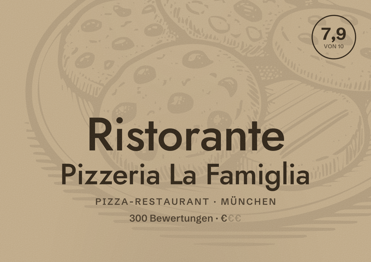 Illustriertes Poster von Ristorante Pizzeria La Famiglia, Pizza-Restaurant in München: Bewertung 7,9 von 10 aus 300 Bewertungen, Preisniveau €