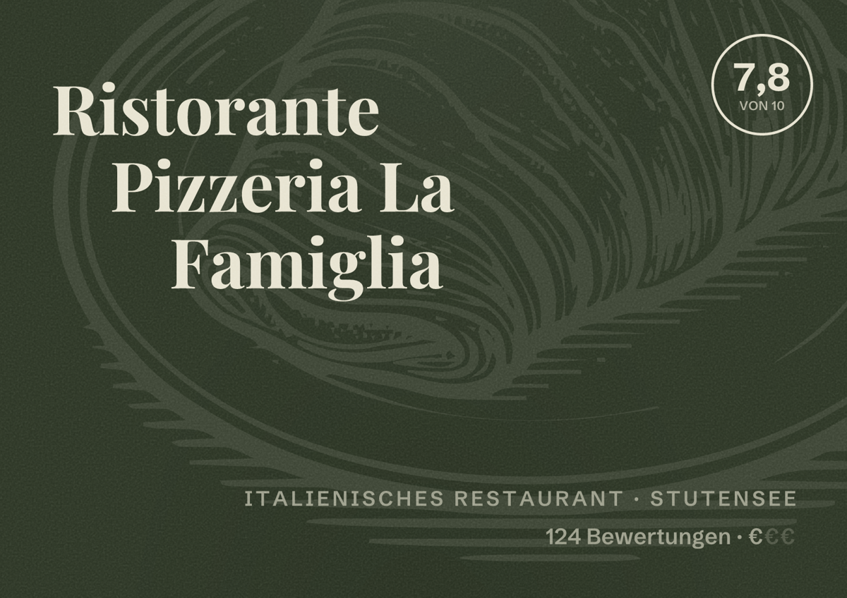 Illustriertes Poster von Ristorante Pizzeria La Famiglia, Italienisches Restaurant in Stutensee: Bewertung 7,8 von 10 aus 124 Bewertungen, Preisniveau €