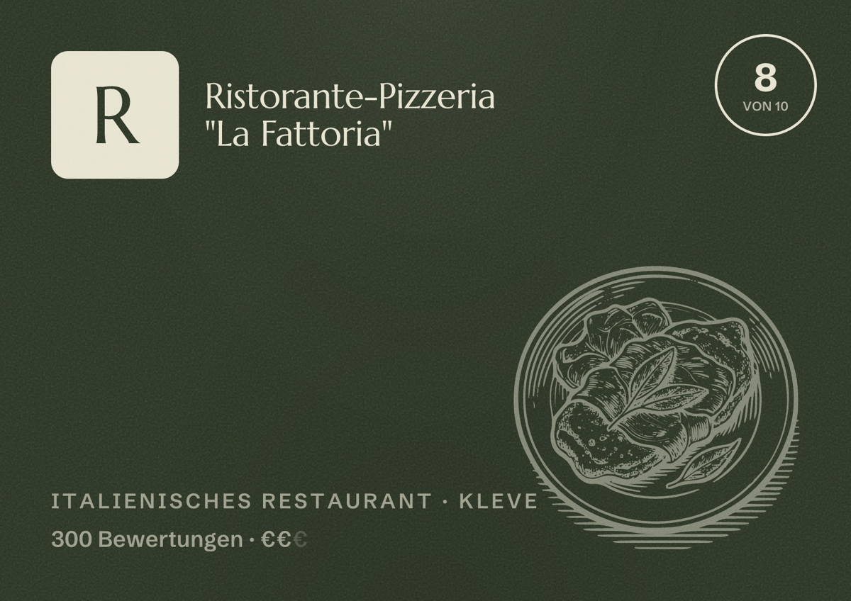 Illustriertes Poster von Ristorante-Pizzeria "La Fattoria", Italienisches Restaurant in Kleve: Bewertung 8 von 10 aus 300 Bewertungen, Preisniveau €€