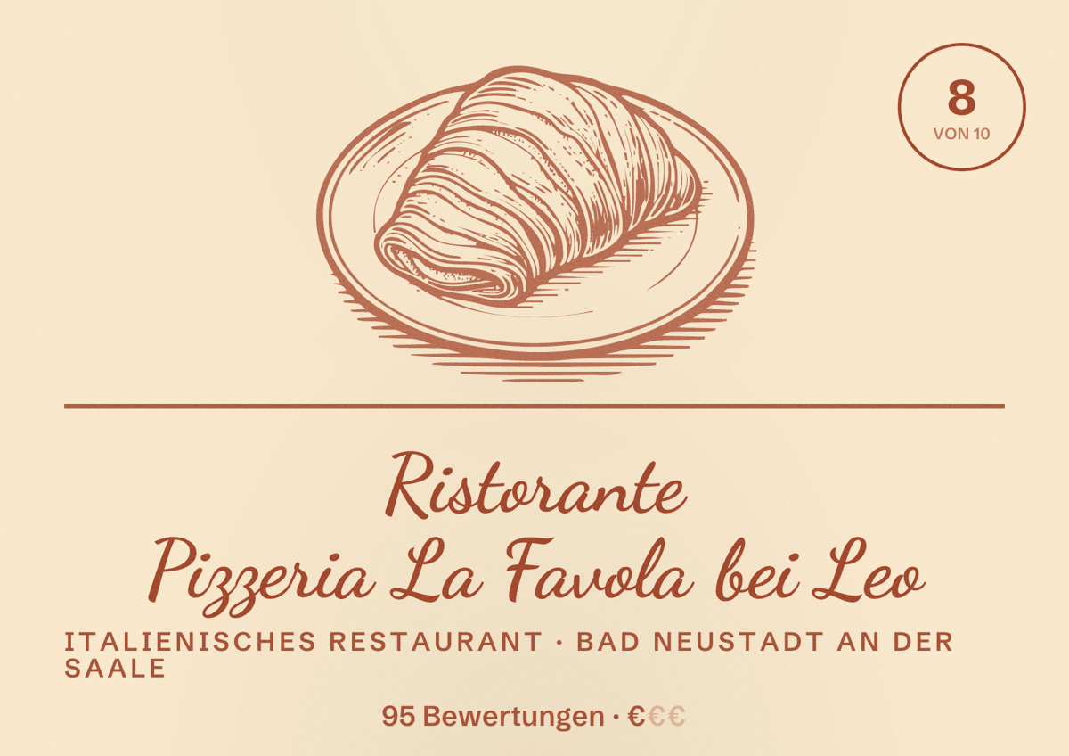 Illustriertes Poster von Ristorante Pizzeria La Favola bei Leo, Italienisches Restaurant in Bad Neustadt an der Saale: Bewertung 8 von 10 aus 95 Bewertungen, Preisniveau €