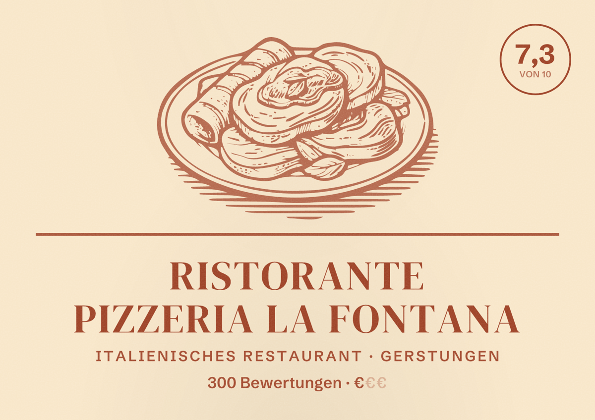 Illustriertes Poster von Ristorante Pizzeria La Fontana, Italienisches Restaurant in Gerstungen: Bewertung 7,3 von 10 aus 300 Bewertungen, Preisniveau €
