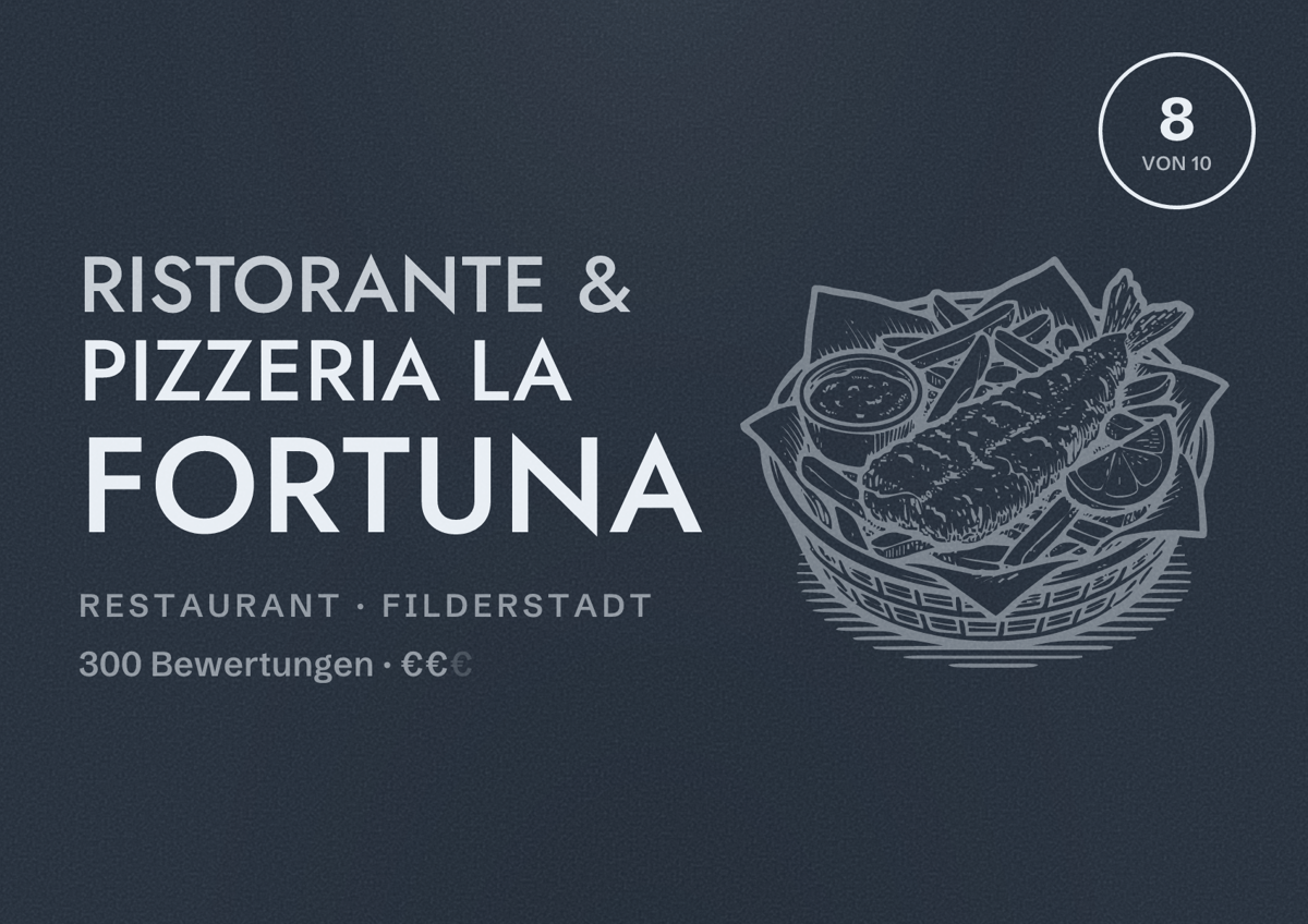 Illustriertes Poster von Ristorante & Pizzeria La Fortuna, Restaurant in Filderstadt: Bewertung 8 von 10 aus 300 Bewertungen, Preisniveau €€
