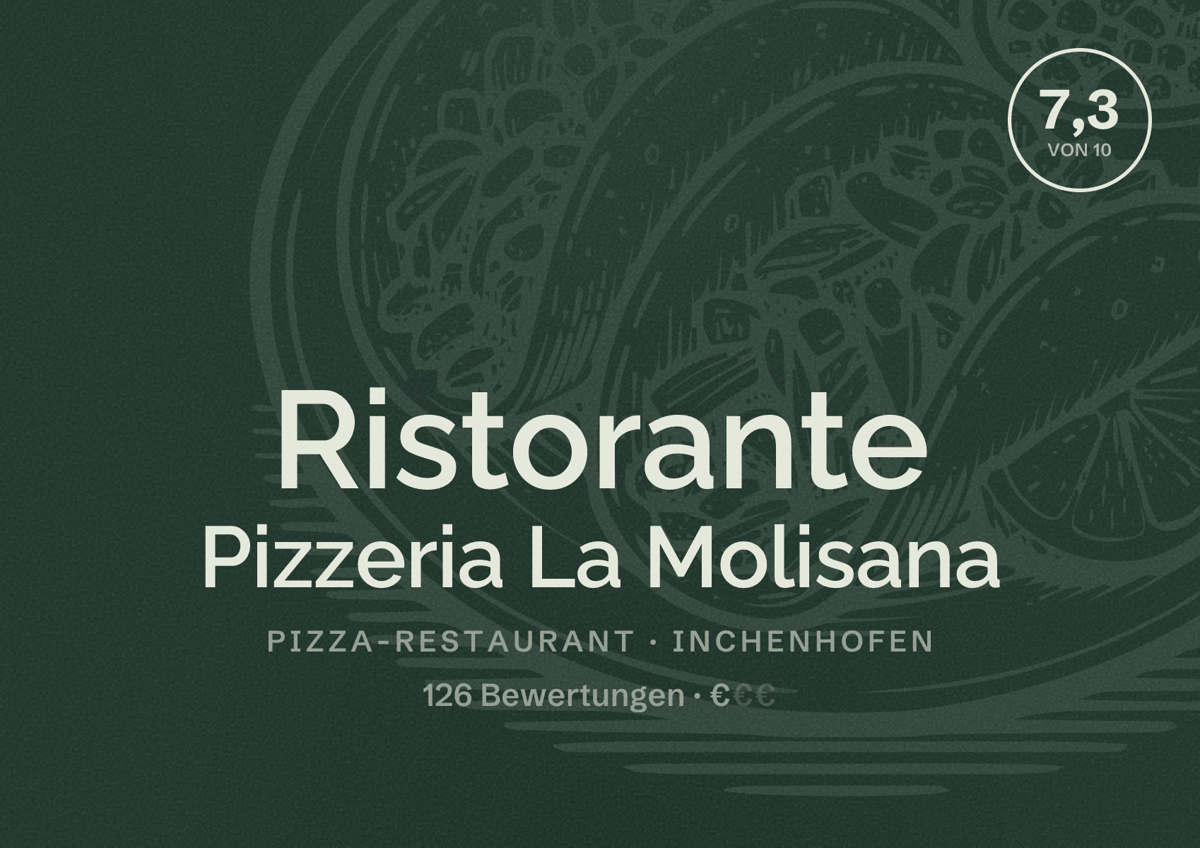 Illustriertes Poster von Ristorante Pizzeria La Molisana, Pizza-Restaurant in Inchenhofen: Bewertung 7,3 von 10 aus 126 Bewertungen, Preisniveau €