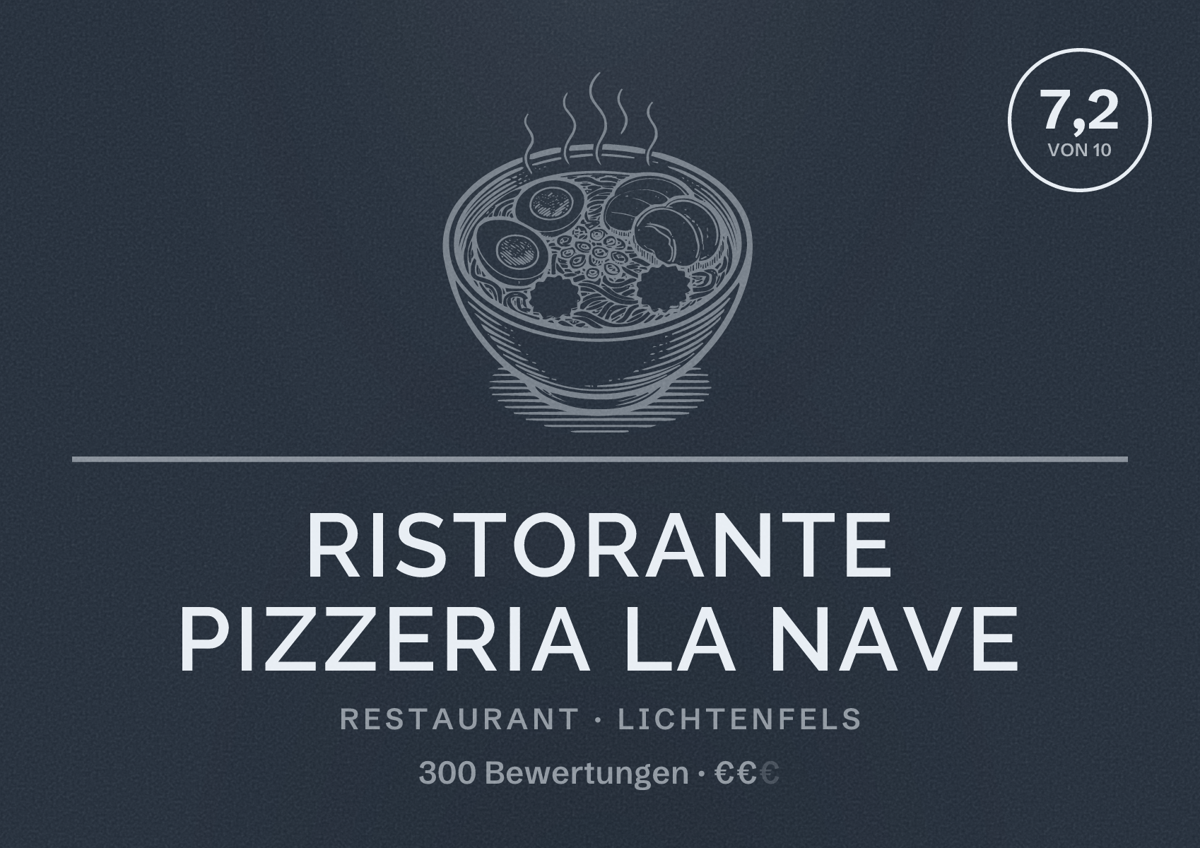 Illustriertes Poster von Ristorante Pizzeria La Nave, Restaurant in Lichtenfels: Bewertung 7,2 von 10 aus 300 Bewertungen, Preisniveau €€