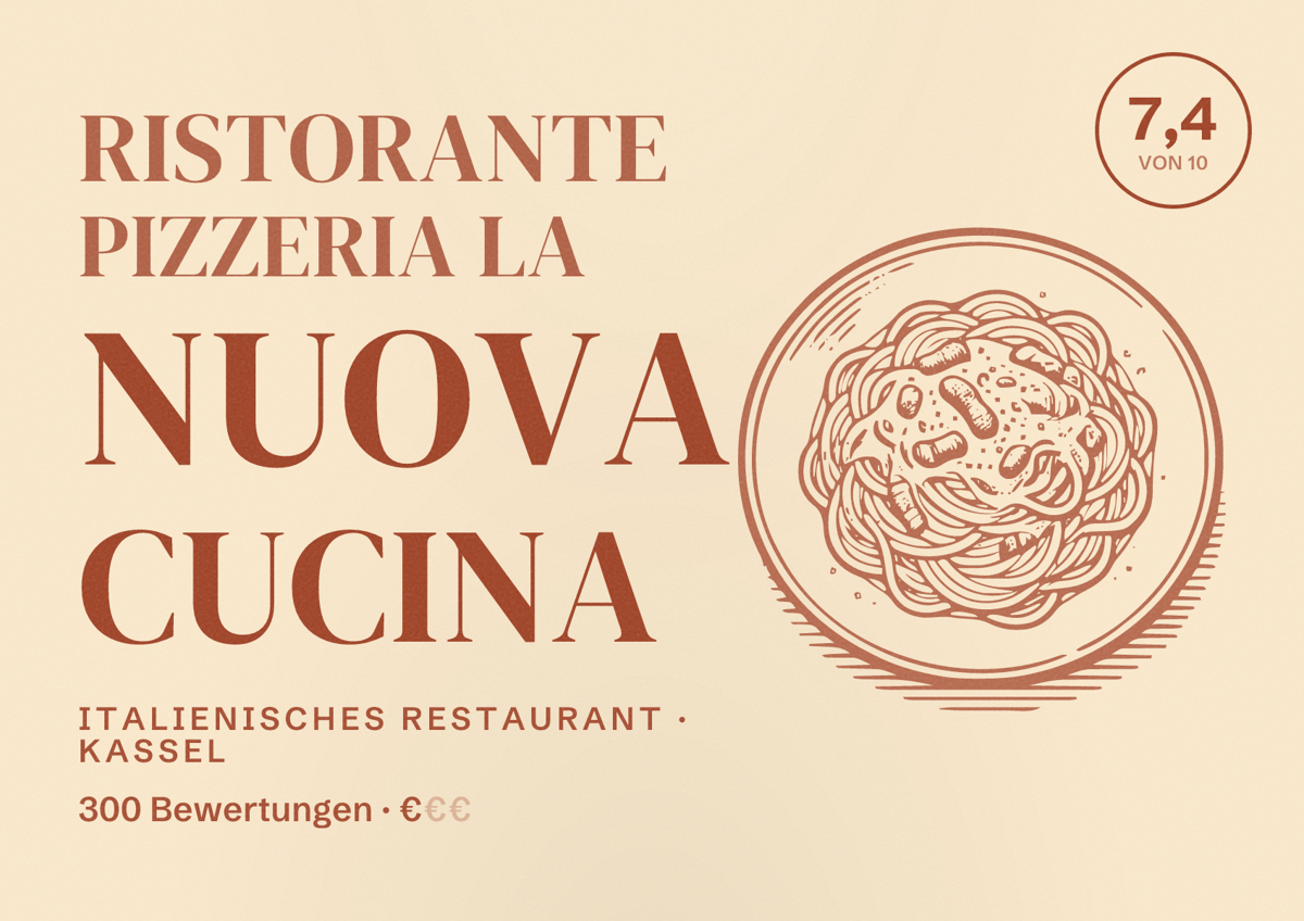 Illustriertes Poster von Ristorante Pizzeria La Nuova Cucina, Italienisches Restaurant in Kassel: Bewertung 7,4 von 10 aus 300 Bewertungen, Preisniveau €