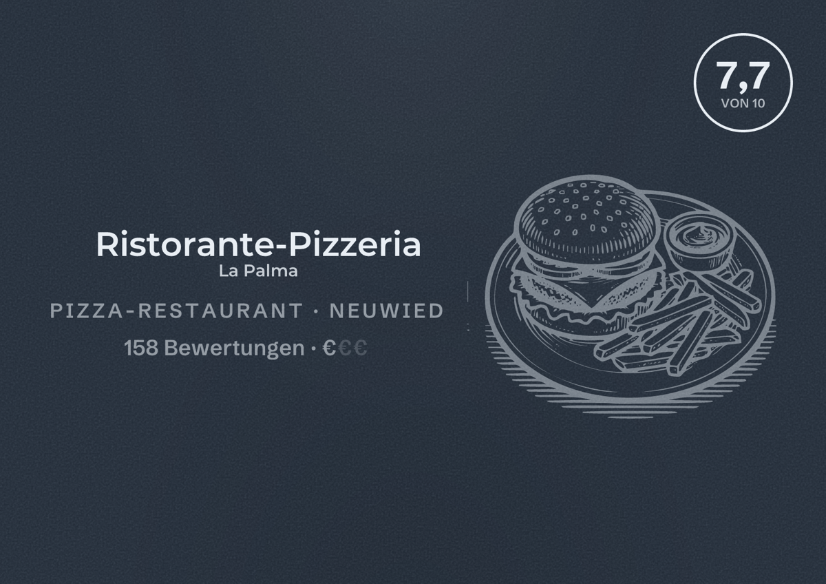 Illustriertes Poster von Ristorante-Pizzeria La Palma, Pizza-Restaurant in Neuwied: Bewertung 7,7 von 10 aus 158 Bewertungen, Preisniveau €