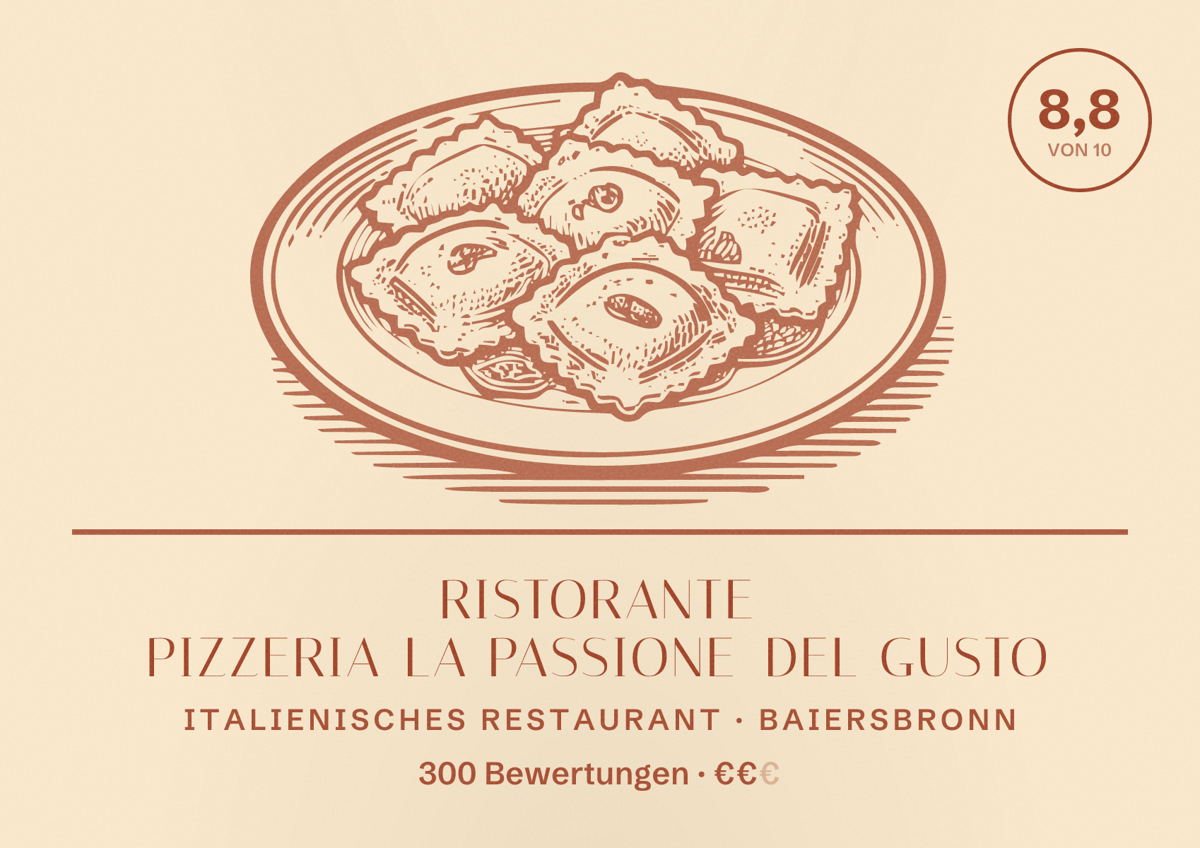 Illustriertes Poster von Ristorante Pizzeria La Passione del Gusto, Italienisches Restaurant in Baiersbronn: Bewertung 8,8 von 10 aus 300 Bewertungen, Preisniveau €€