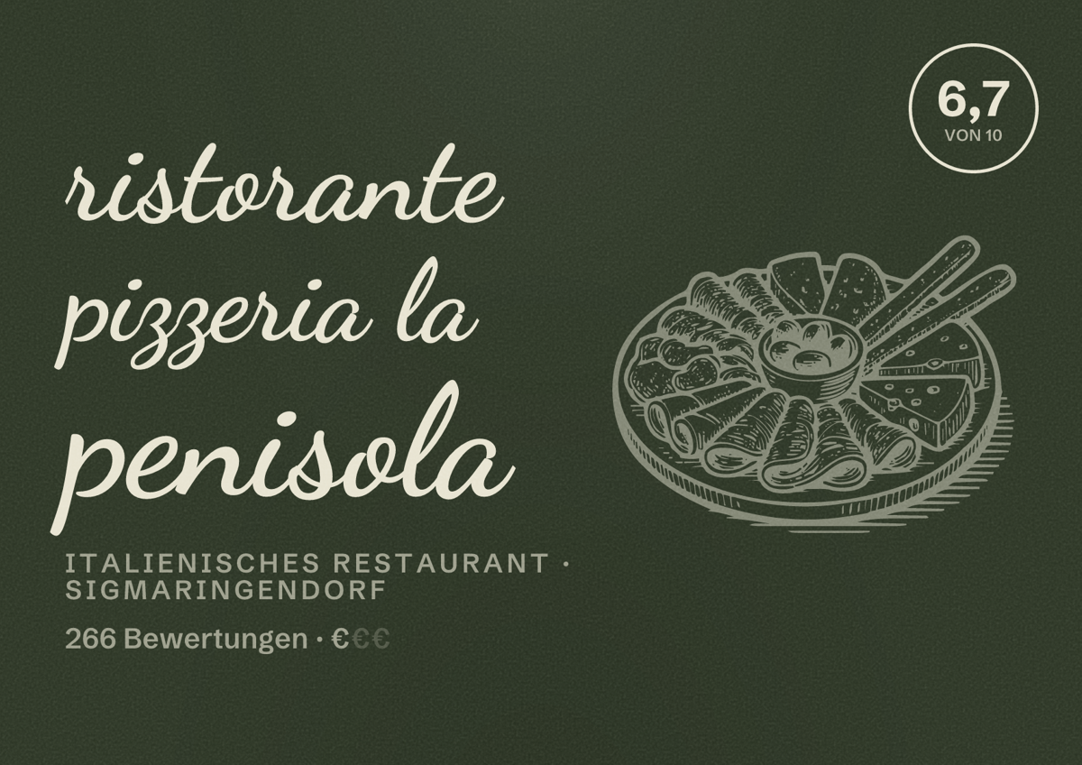 Illustriertes Poster von ristorante pizzeria la penisola, Italienisches Restaurant in Sigmaringendorf: Bewertung 6,7 von 10 aus 266 Bewertungen, Preisniveau €