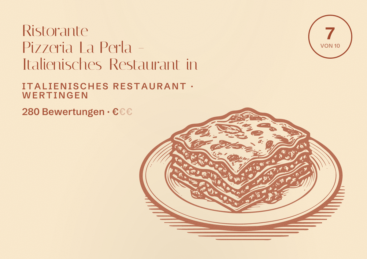 Illustriertes Poster von Ristorante Pizzeria La Perla - Italienisches Restaurant in, Italienisches Restaurant in Wertingen: Bewertung 7 von 10 aus 280 Bewertungen, Preisniveau €