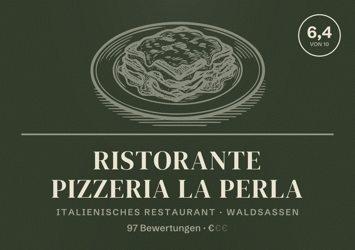 Illustriertes Poster von Ristorante Pizzeria La Perla, Italienisches Restaurant in Waldsassen: Bewertung 6,4 von 10 aus 97 Bewertungen, Preisniveau €