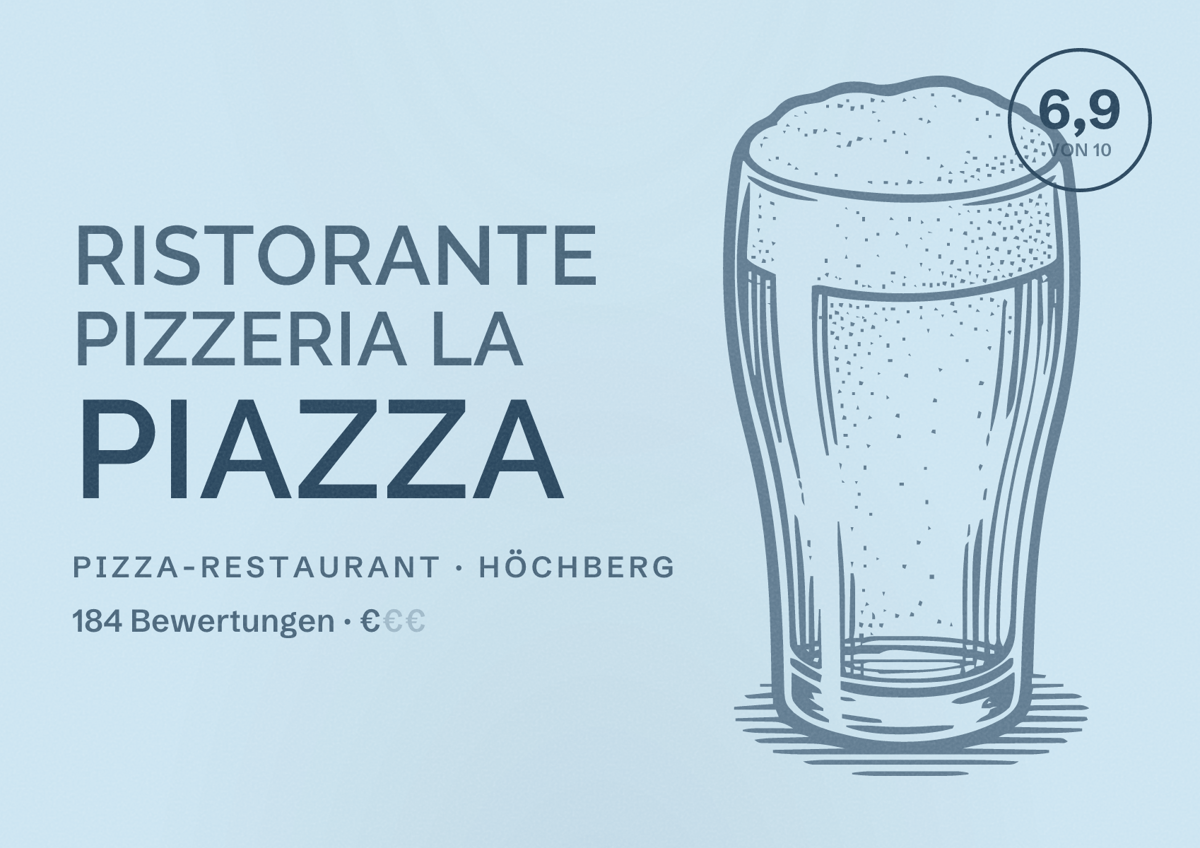 Illustriertes Poster von Ristorante Pizzeria La Piazza, Pizza-Restaurant in Höchberg: Bewertung 6,9 von 10 aus 184 Bewertungen, Preisniveau €