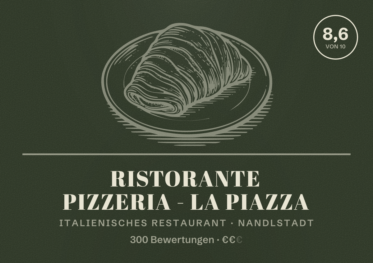 Illustriertes Poster von Ristorante Pizzeria - La Piazza, Italienisches Restaurant in Nandlstadt: Bewertung 8,6 von 10 aus 300 Bewertungen, Preisniveau €€