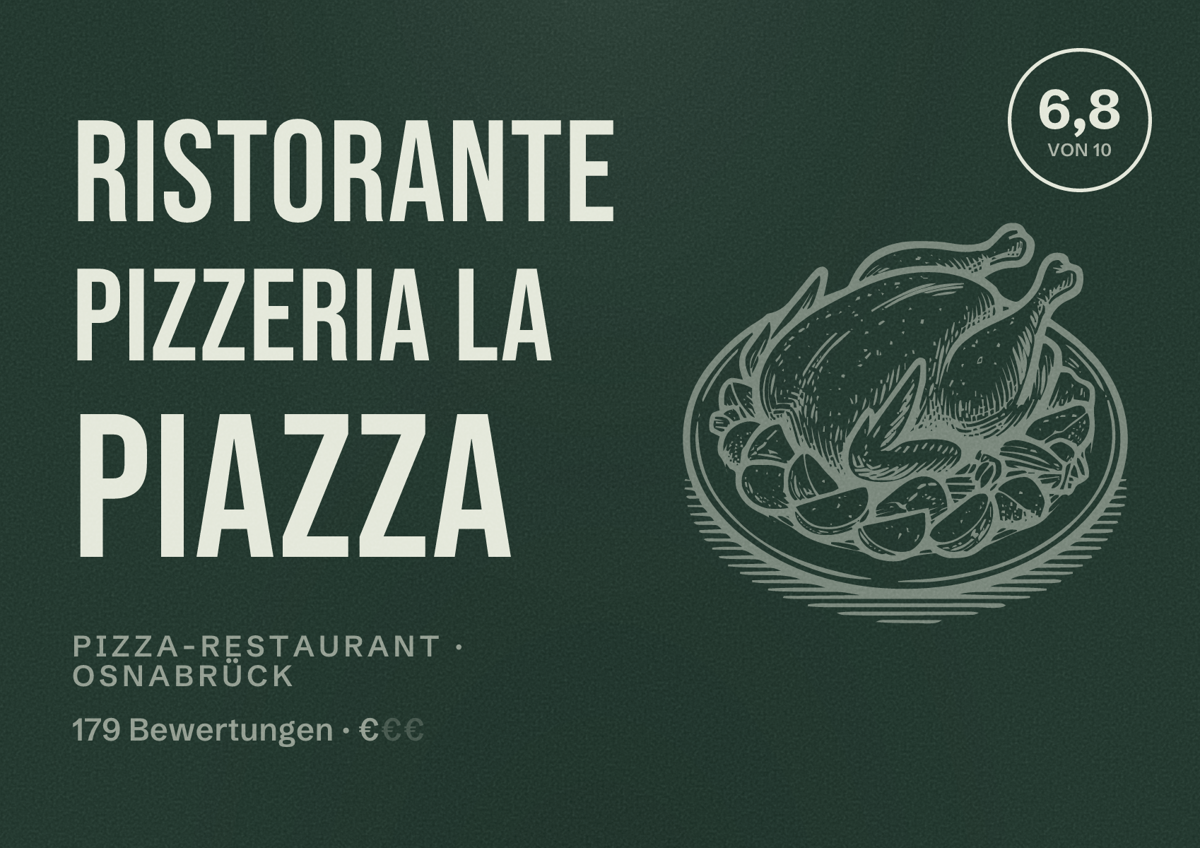Illustriertes Poster von Ristorante Pizzeria La Piazza, Pizza-Restaurant in Osnabrück: Bewertung 6,8 von 10 aus 179 Bewertungen, Preisniveau €