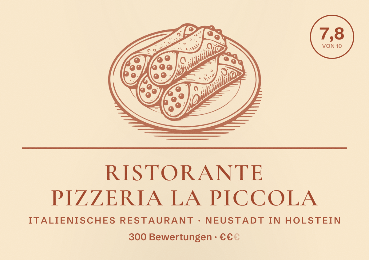 Illustriertes Poster von Ristorante Pizzeria La Piccola, Italienisches Restaurant in Neustadt in Holstein: Bewertung 7,8 von 10 aus 300 Bewertungen, Preisniveau €€