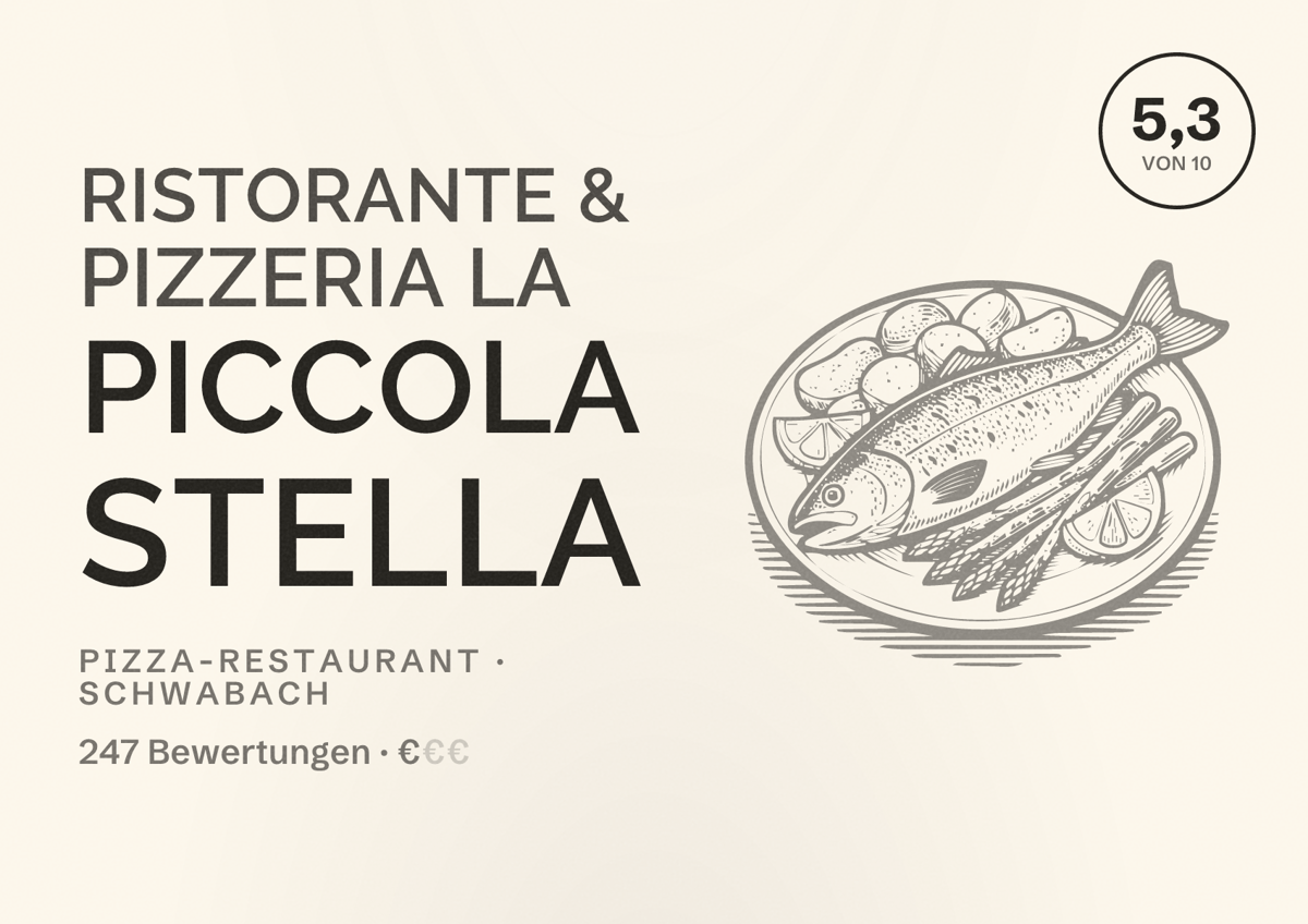 Illustriertes Poster von Ristorante & Pizzeria La Piccola Stella, Pizza-Restaurant in Schwabach: Bewertung 5,3 von 10 aus 247 Bewertungen, Preisniveau €