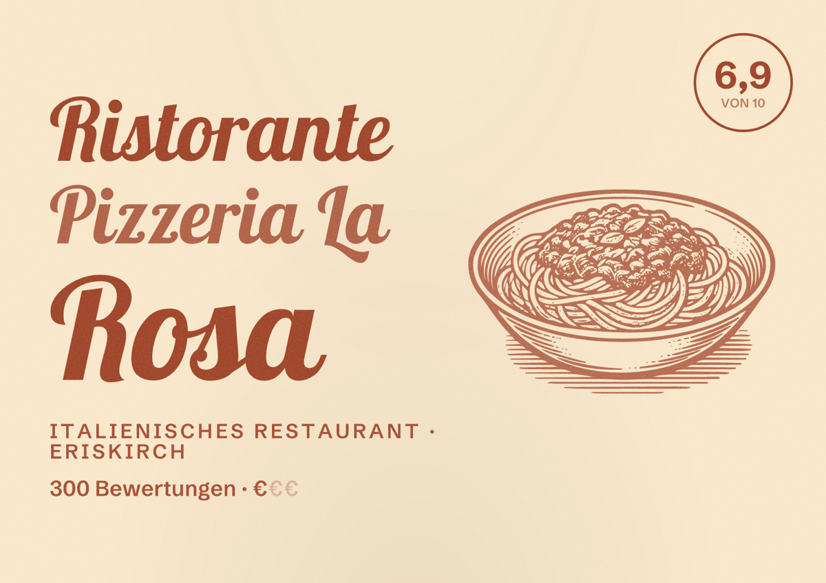Illustriertes Poster von Ristorante Pizzeria La Rosa, Italienisches Restaurant in Eriskirch: Bewertung 6,9 von 10 aus 300 Bewertungen, Preisniveau €