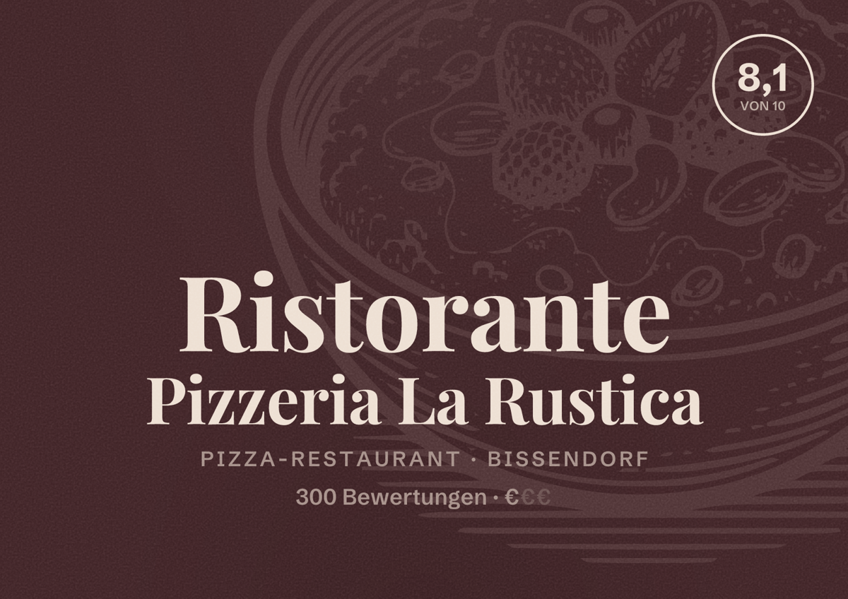 Illustriertes Poster von Ristorante Pizzeria La Rustica, Pizza-Restaurant in Bissendorf: Bewertung 8,1 von 10 aus 300 Bewertungen, Preisniveau €
