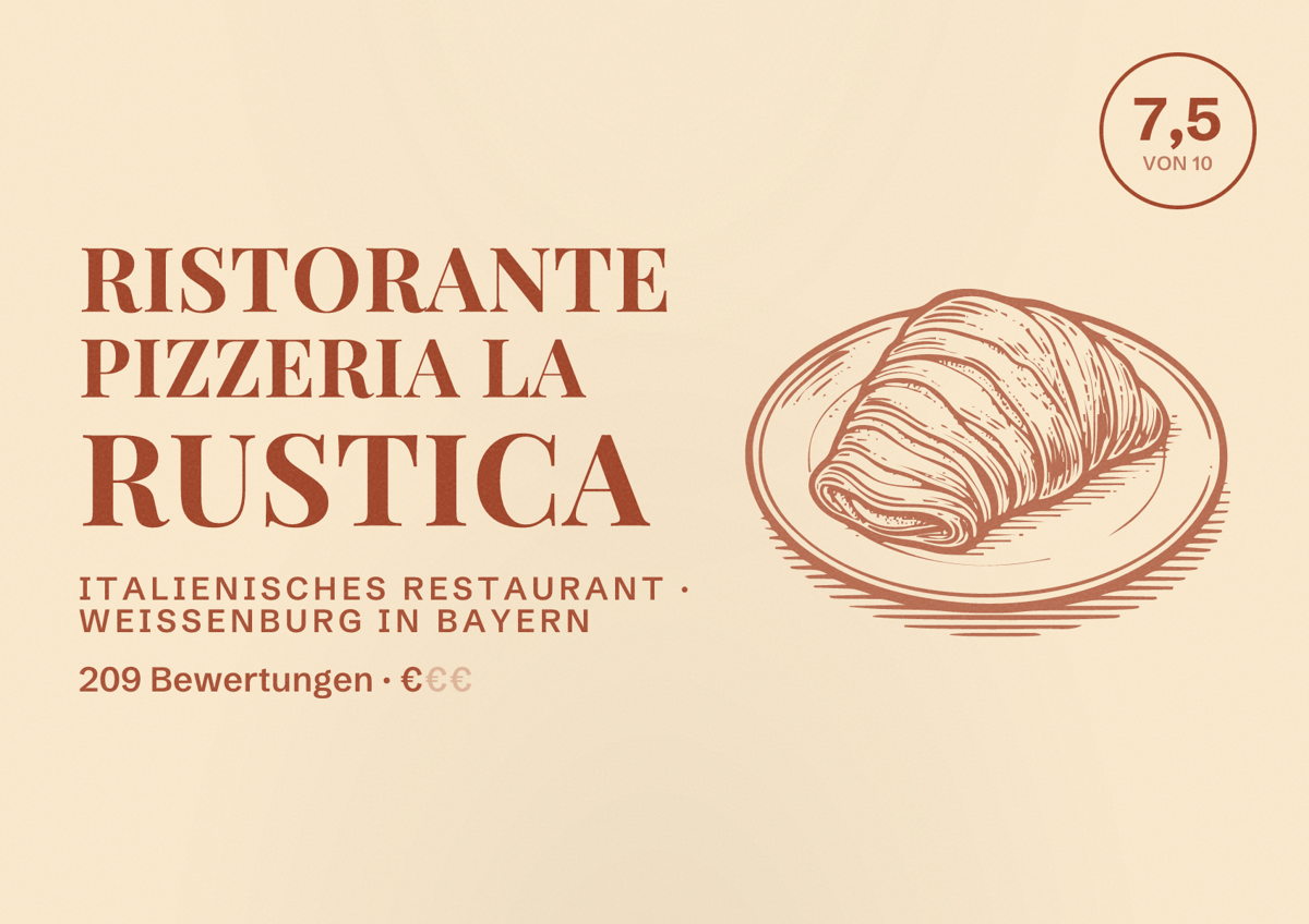 Illustriertes Poster von Ristorante Pizzeria La Rustica, Italienisches Restaurant in Weißenburg in Bayern: Bewertung 7,5 von 10 aus 209 Bewertungen, Preisniveau €