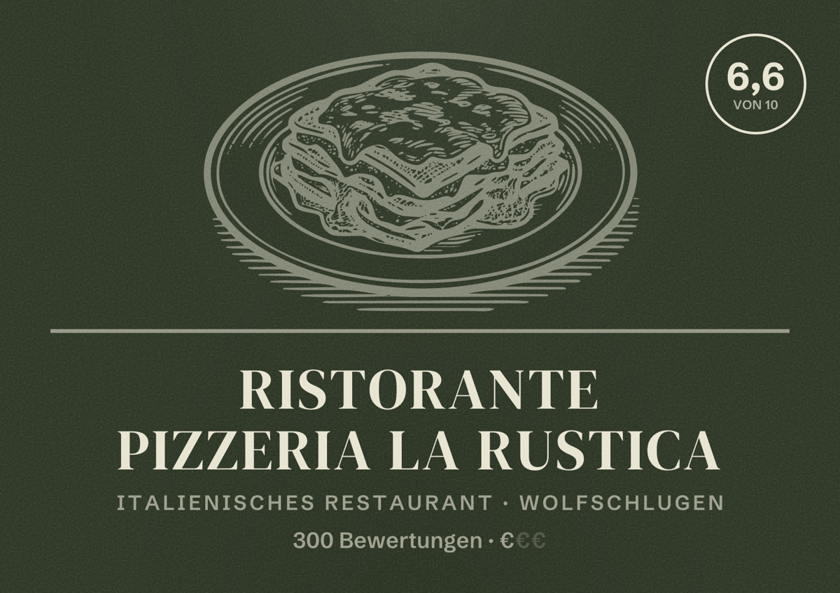 Illustriertes Poster von Ristorante Pizzeria La Rustica, Italienisches Restaurant in Wolfschlugen: Bewertung 6,6 von 10 aus 300 Bewertungen, Preisniveau €
