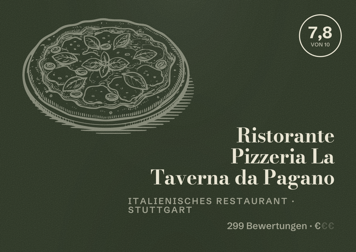 Illustriertes Poster von Ristorante Pizzeria La Taverna da Pagano, Italienisches Restaurant in Stuttgart: Bewertung 7,8 von 10 aus 299 Bewertungen, Preisniveau €
