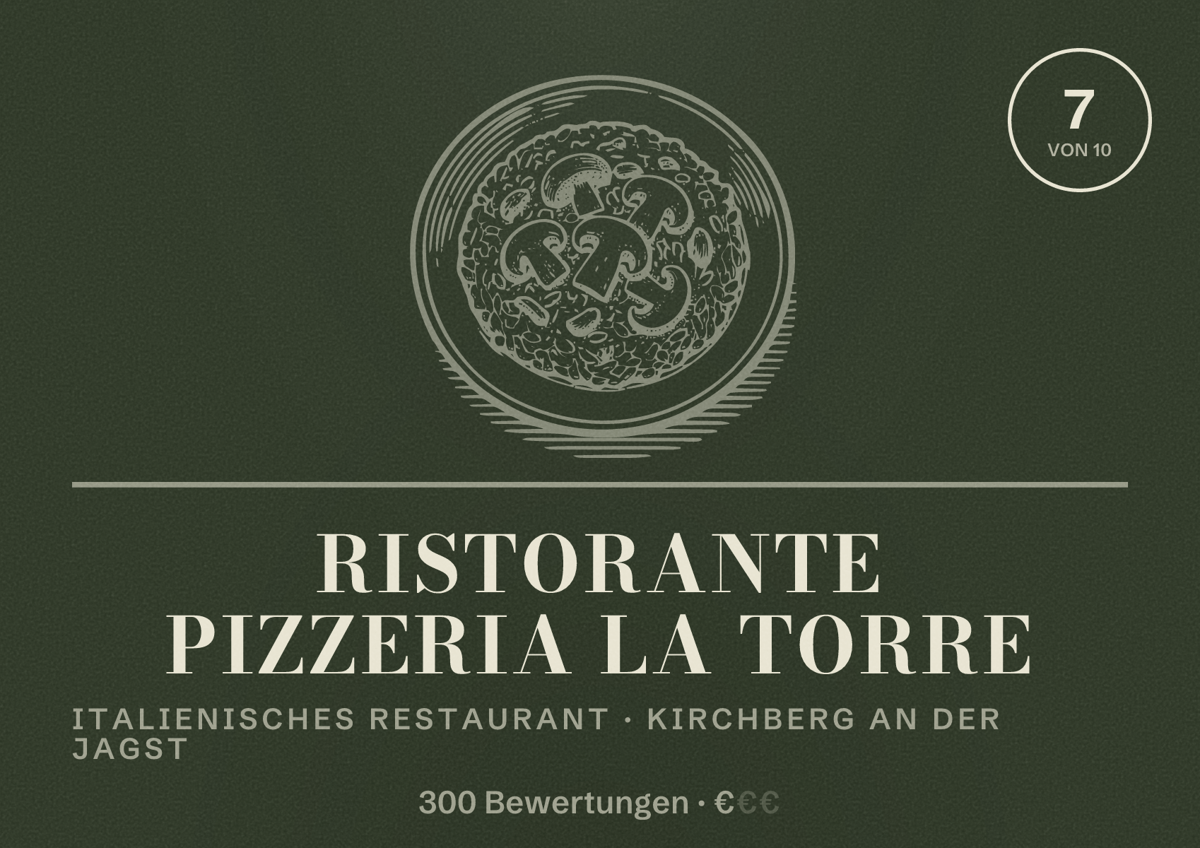 Illustriertes Poster von Ristorante Pizzeria La Torre, Italienisches Restaurant in Kirchberg an der Jagst: Bewertung 7 von 10 aus 300 Bewertungen, Preisniveau €