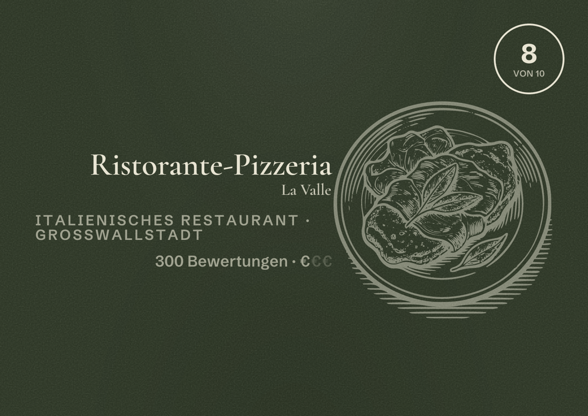 Illustriertes Poster von Ristorante-Pizzeria La Valle, Italienisches Restaurant in Großwallstadt: Bewertung 8 von 10 aus 300 Bewertungen, Preisniveau €