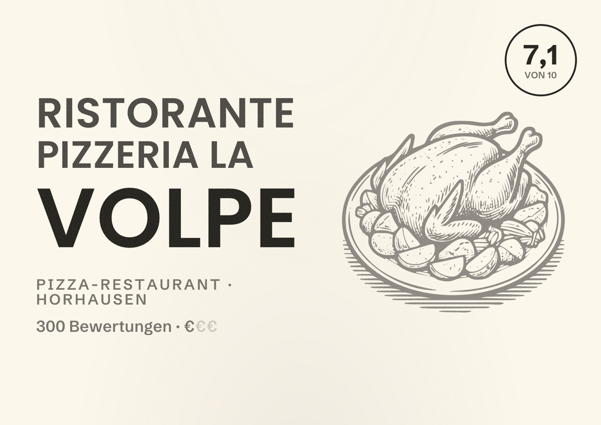 Illustriertes Poster von Ristorante Pizzeria La Volpe, Pizza-Restaurant in Horhausen: Bewertung 7,1 von 10 aus 300 Bewertungen, Preisniveau €