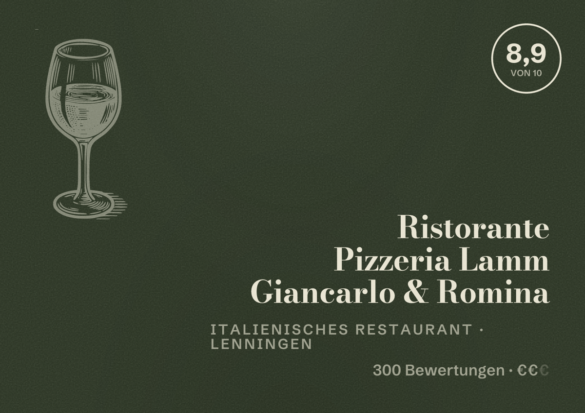 Illustriertes Poster von Ristorante Pizzeria Lamm Giancarlo & Romina, Italienisches Restaurant in Lenningen: Bewertung 8,9 von 10 aus 300 Bewertungen, Preisniveau €€