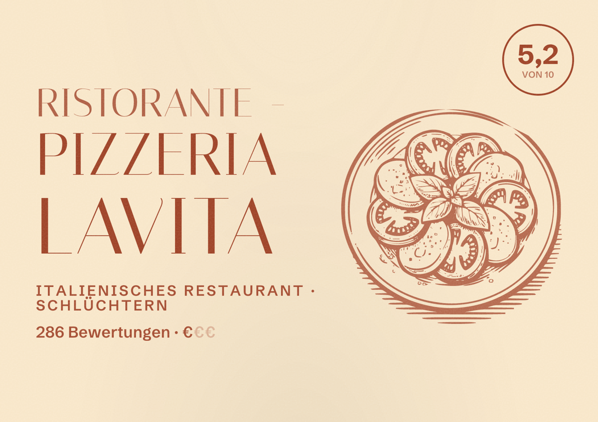 Illustriertes Poster von Ristorante - Pizzeria LaVita, Italienisches Restaurant in Schlüchtern: Bewertung 5,2 von 10 aus 286 Bewertungen, Preisniveau €