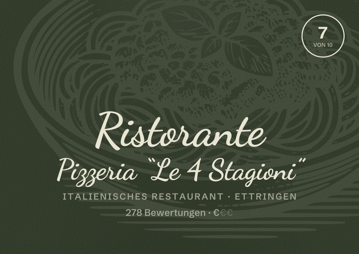 Illustriertes Poster von Ristorante Pizzeria “Le 4 Stagioni”, Italienisches Restaurant in Ettringen: Bewertung 7 von 10 aus 278 Bewertungen, Preisniveau €
